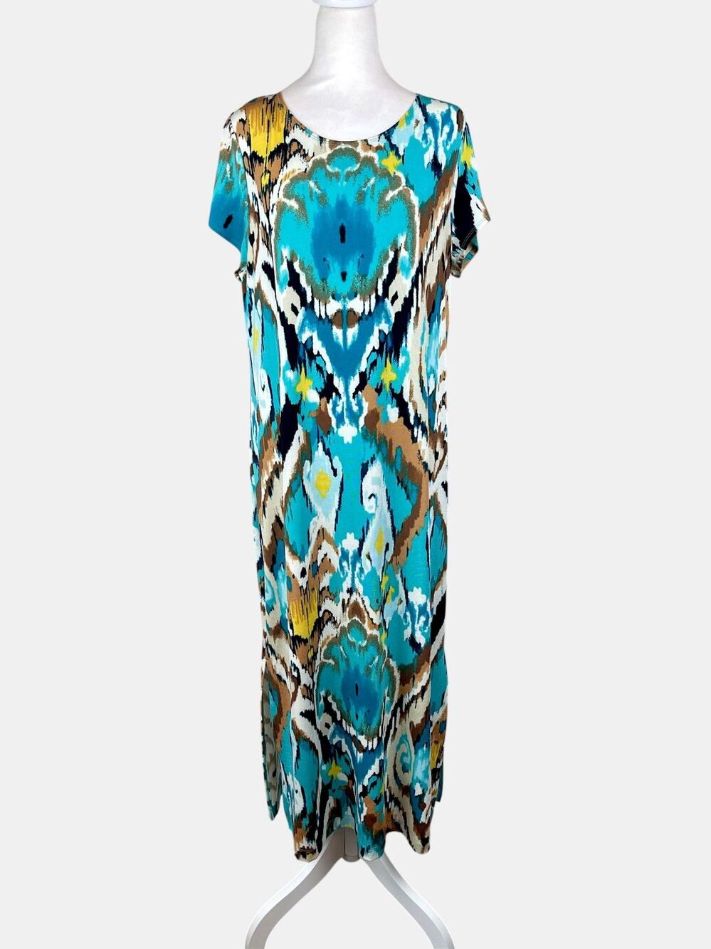 Chico's Travelers Blue Ikat Maxi Dress Stretch Cruise Travel Resort Sz 12/14